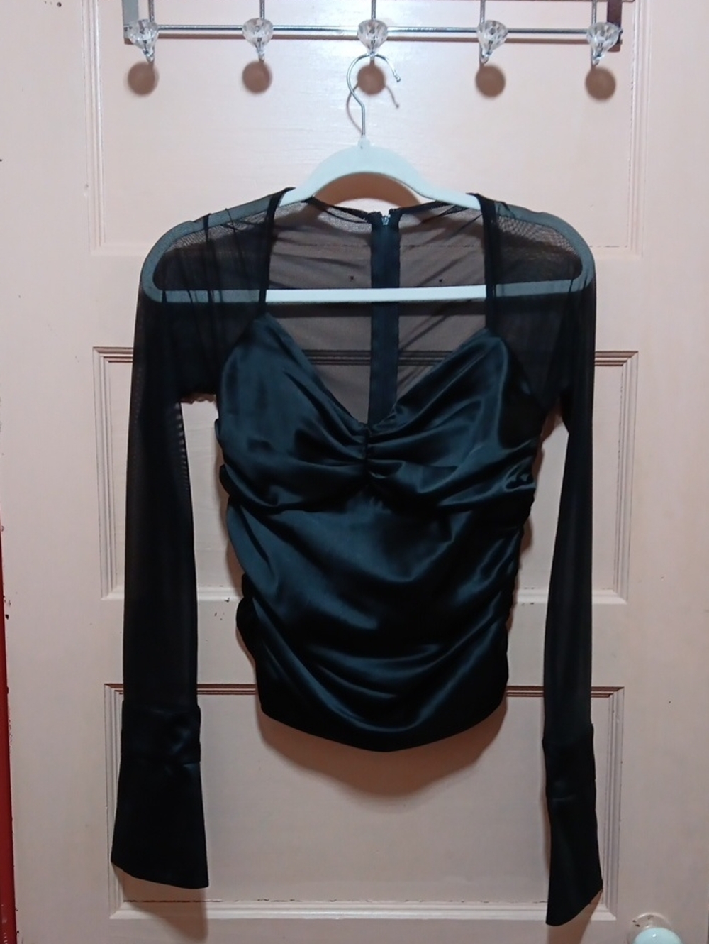 JS Collections Black Satin Ruched Long-Sleeve Mesh Top